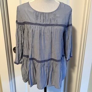 Max Studio Tiered Swing Top in Breezy Soft Rayon with Stripes in Blue